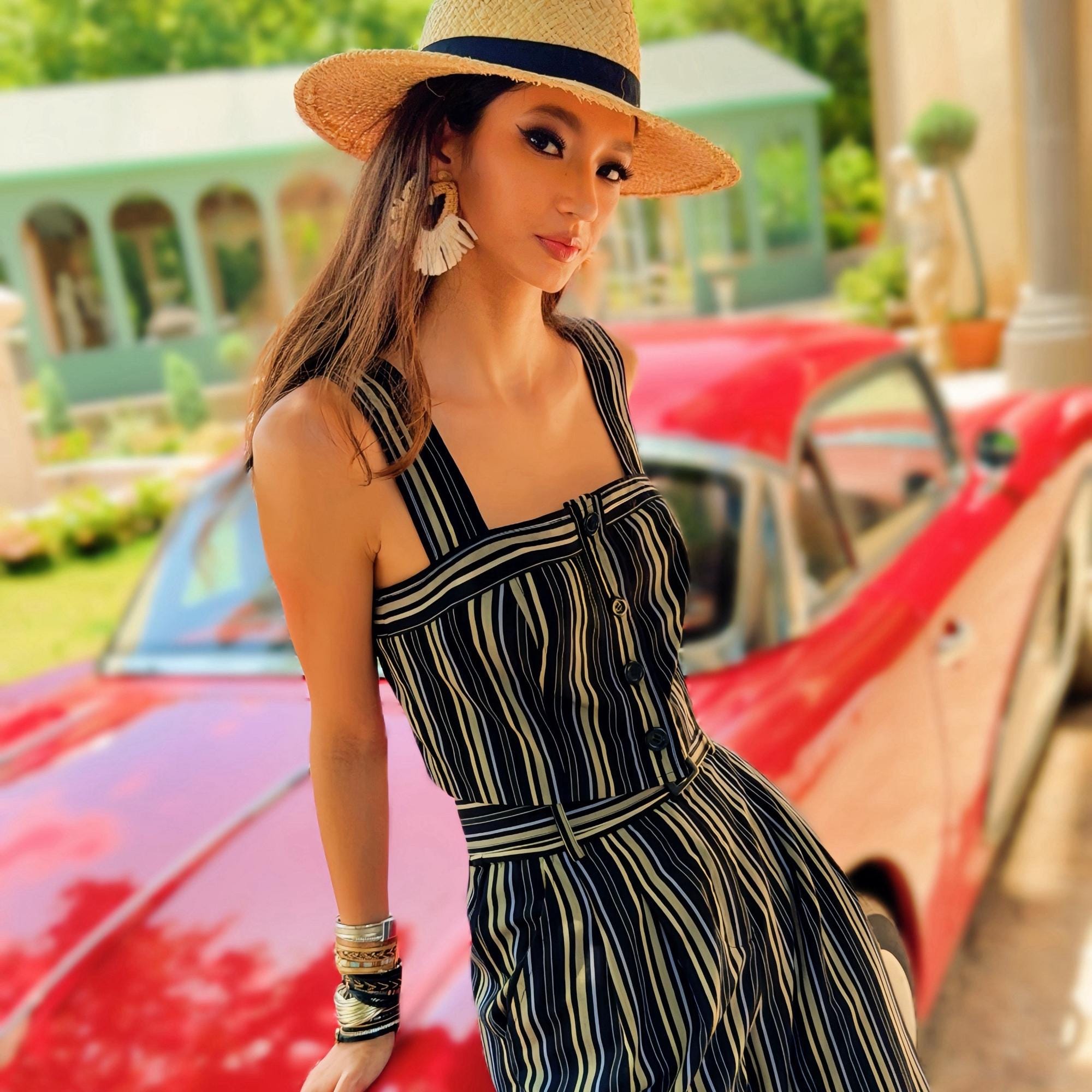 Boho Striped Crop Top, Natural-Fiber Blend Summer Bustier, Wide Strap Button Front Cropped Top
