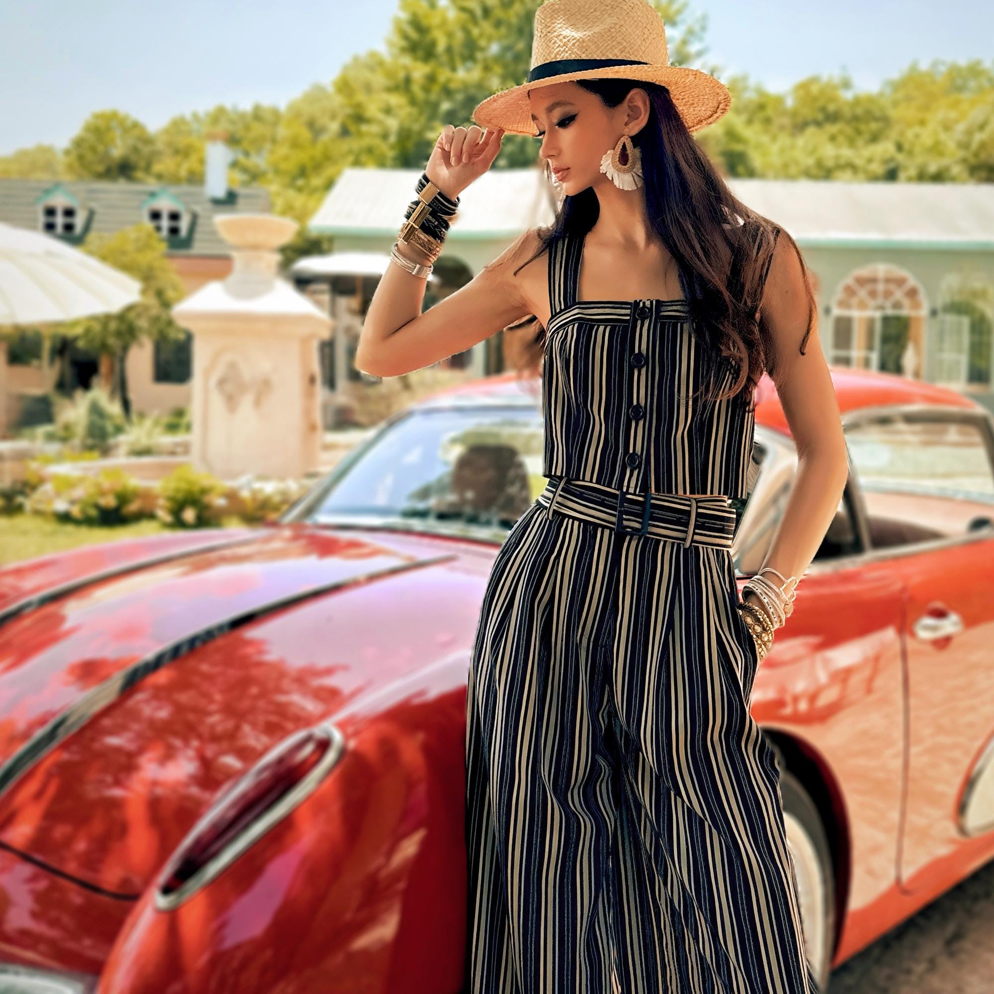 Boho Striped Crop Top, Natural-Fiber Blend Summer Bustier, Wide Strap Button Front Cropped Top