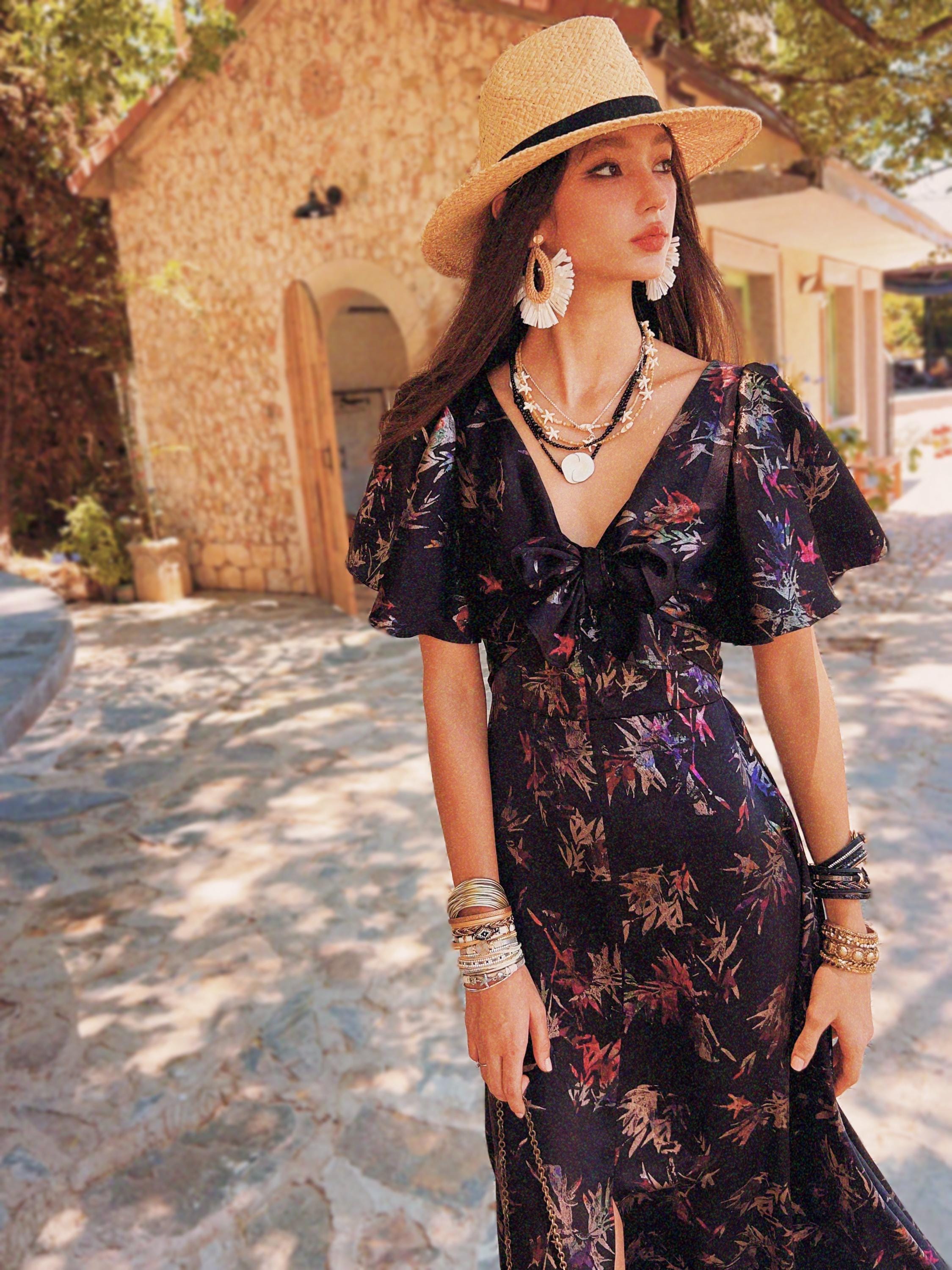 Boho Maxi Dress Black Floral – Modest Ruched Waist Summer Boho Dress, Exotic Floral Print, Tiered Skirt Midi, Beach Day Womens Clothing