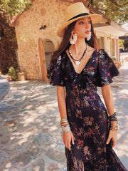 Boho Maxi Dress Black Floral – Modest Ruched Waist Summer Boho Dress, Exotic Floral Print, Tiered Skirt Midi, Beach Day Womens Clothing