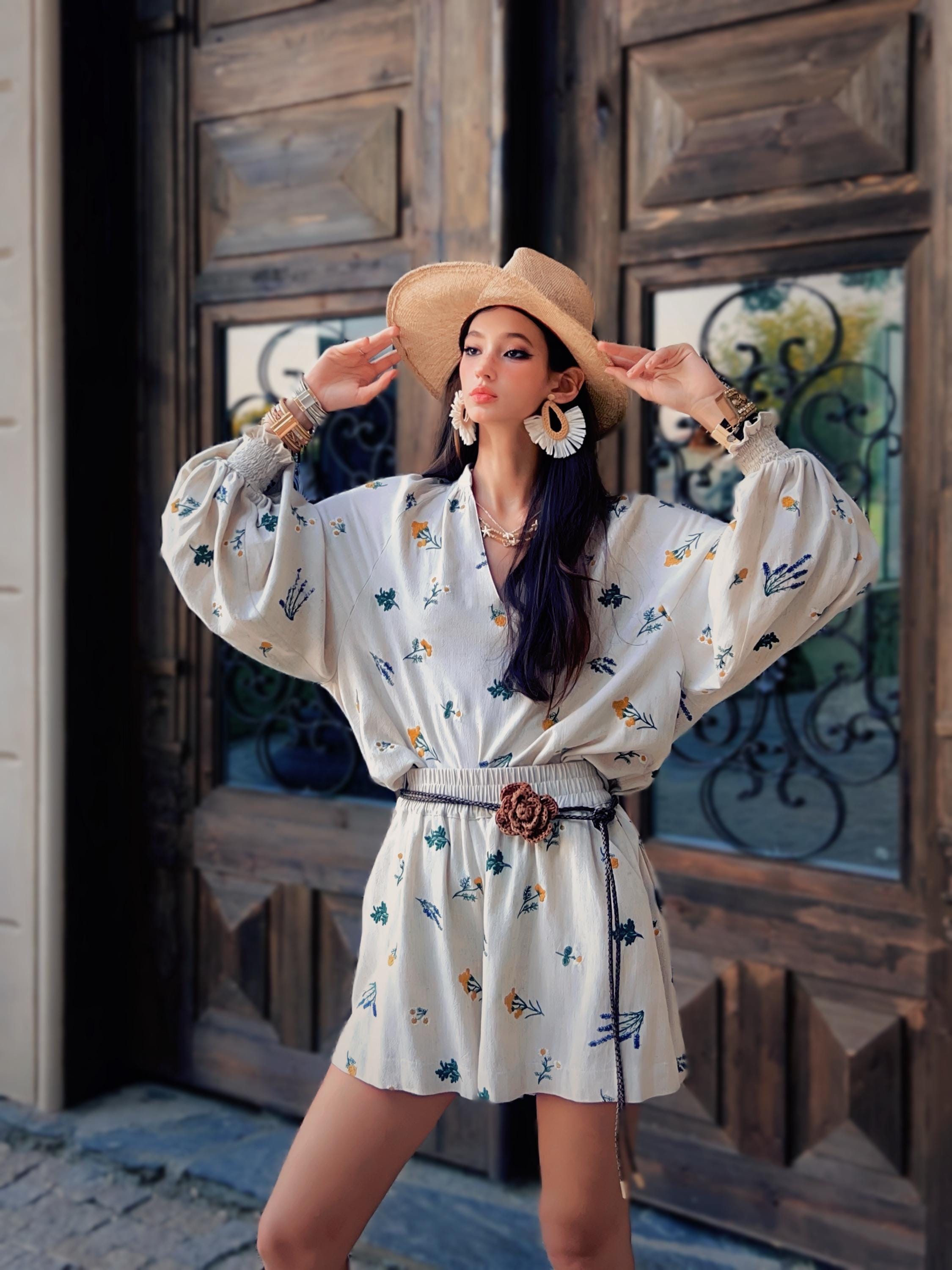 Boho Linen Summer Dress | Flowy Floral Mini Dress | Kimono Sleeves & Belted Fit