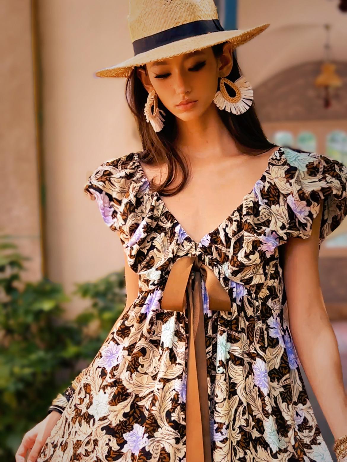 Boho Floral Mini Dress | Cotton Puff Sleeve Empire-Waist Ribbon Tie Summer Dress