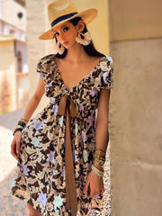 Boho Floral Mini Dress | Cotton Puff Sleeve Empire-Waist Ribbon Tie Summer Dress