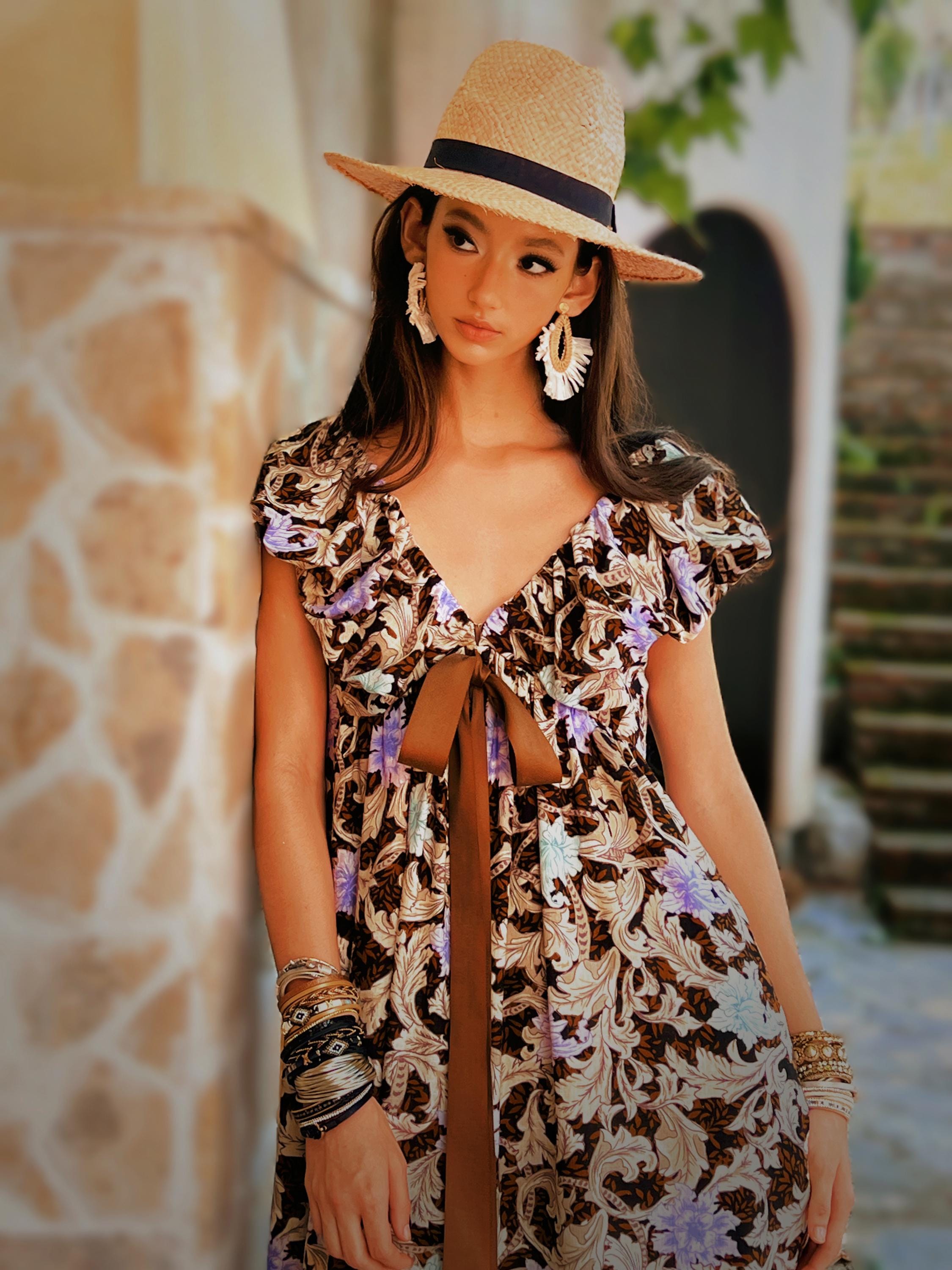 Boho Floral Mini Dress | Cotton Puff Sleeve Empire-Waist Ribbon Tie Summer Dress