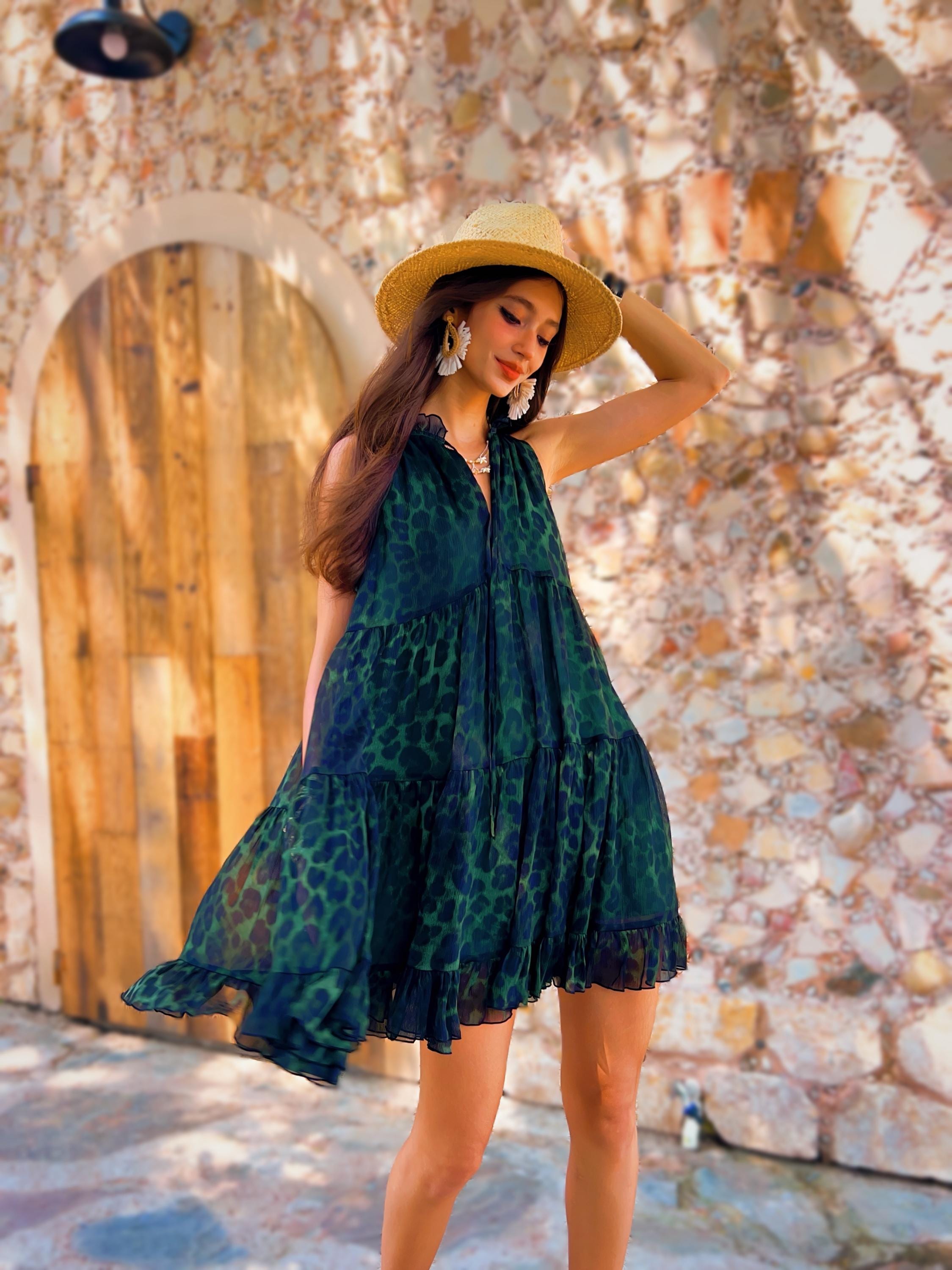 Leopard Print Mini Sundress | Forest Green Boho Tiered Chiffon Summer Dress