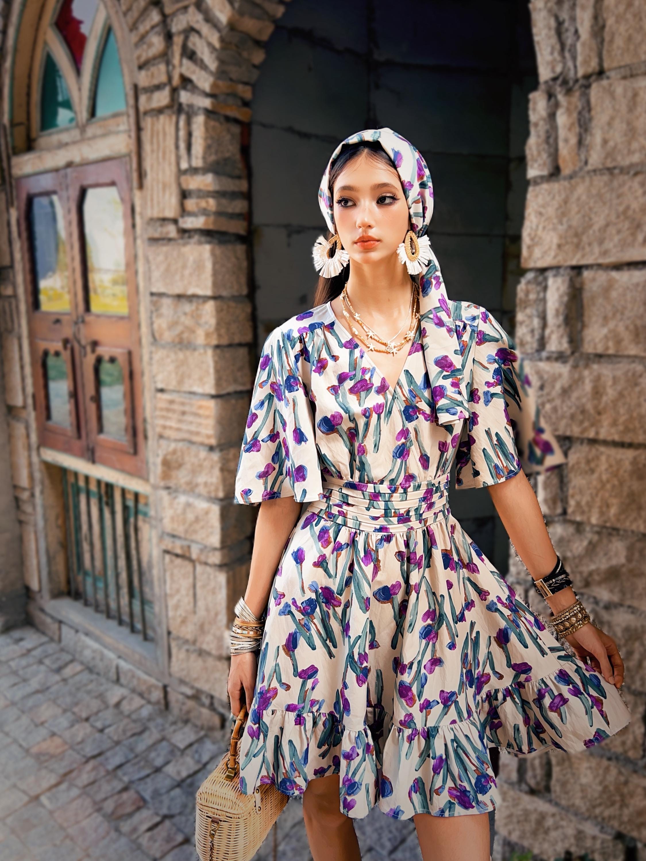 Floral Cotton Mini Dress | Purple Tulip Print Tiered Boho Summer Dress