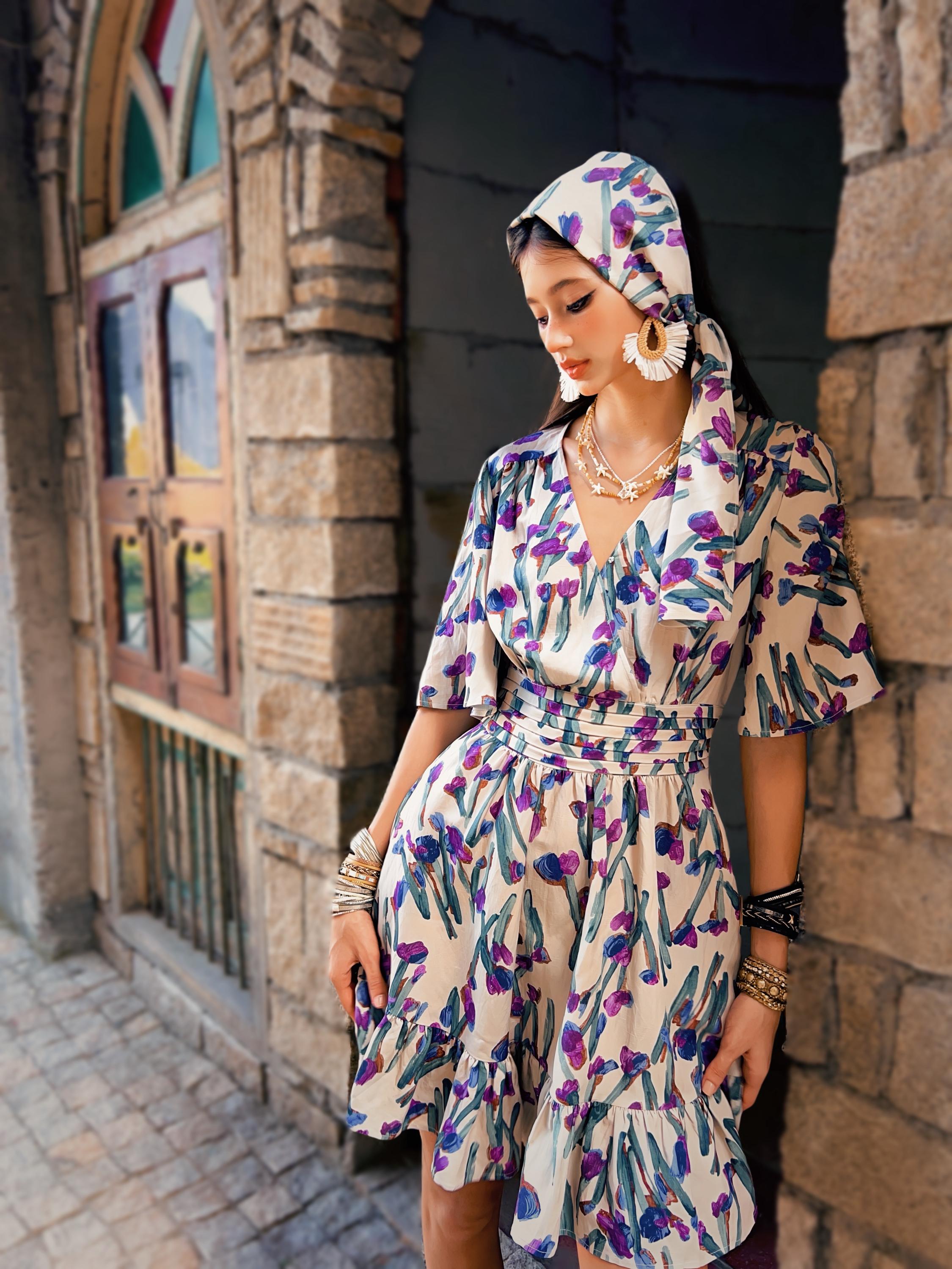 Floral Cotton Mini Dress | Purple Tulip Print Tiered Boho Summer Dress