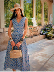 Blue Floral Vest - Linen Blend Vest With Striped Button Design, Tailored Fit