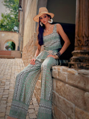 Sage Green Linen-Blend Wide-Leg Jumpsuit | Boho Paisley Summer One-Piece – Square Neck, Pockets