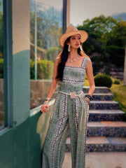 Sage Green Linen-Blend Wide-Leg Jumpsuit | Boho Paisley Summer One-Piece – Square Neck, Pockets