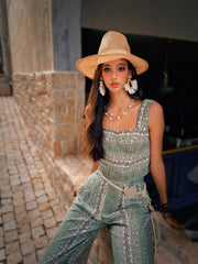 Sage Green Linen-Blend Wide-Leg Jumpsuit | Boho Paisley Summer One-Piece – Square Neck, Pockets