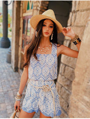 Blue Embroidered Linen-Blend Crop Top for Women, Boho Summer Sleeveless Tank