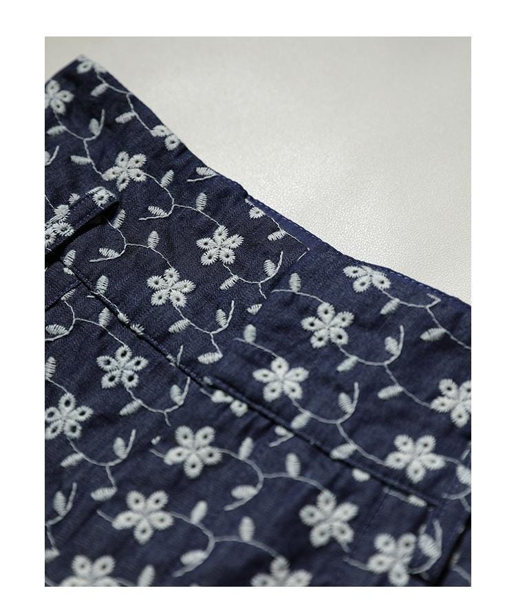 Navy Blue Floral Linen-Blend Button Vest for Women, Boho Summer Waistcoat