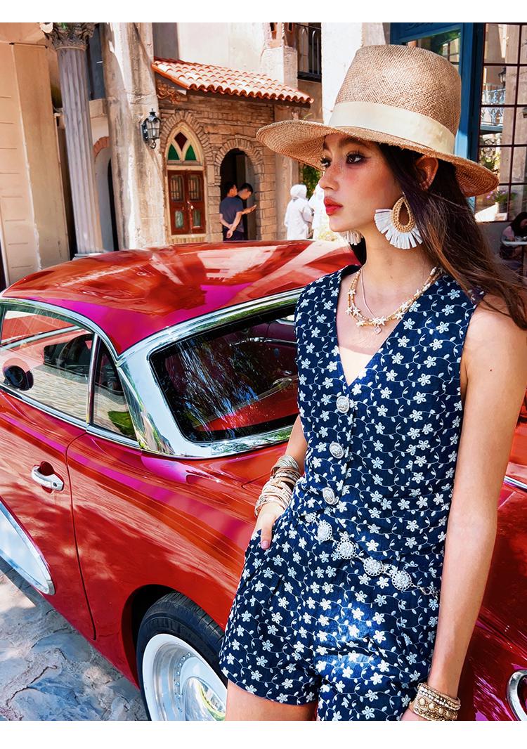 Navy Blue Floral Linen-Blend Button Vest for Women, Boho Summer Waistcoat