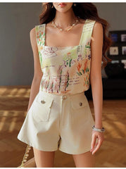 Linen-Blend Boho Printed Tank Top, Square Neck Artistic Camisole, Sleeveless Summer Blouse, Button-Back Resort Shirt