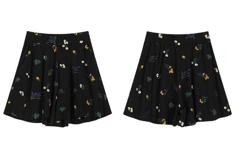 Linen-Blend Boho Floral Shorts, Black High-Waisted Summer Shorts, Elastic Waist Casual Bottoms, Lightweight Resort Wear