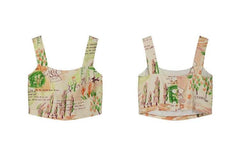 Linen-Blend Boho Printed Tank Top, Square Neck Artistic Camisole, Sleeveless Summer Blouse, Button-Back Resort Shirt
