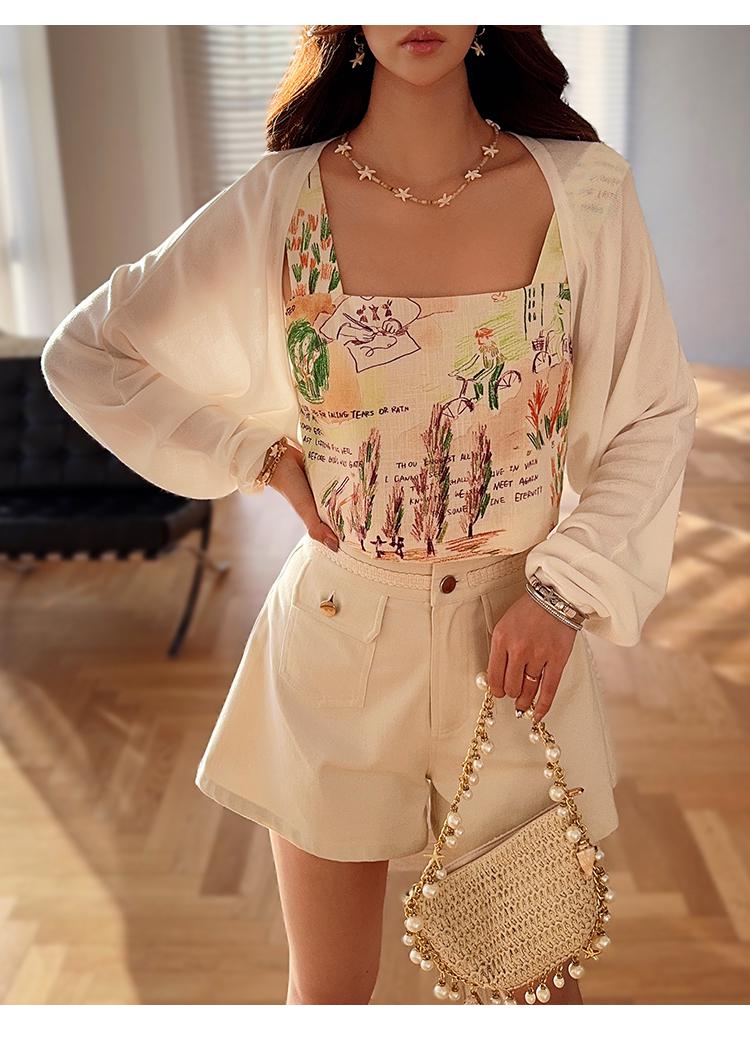 Linen-Blend Boho Printed Tank Top, Square Neck Artistic Camisole, Sleeveless Summer Blouse, Button-Back Resort Shirt