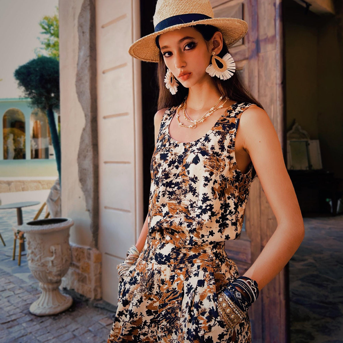Linen-Blend Boho Floral tank top, in Earth Tones – Effortless Summer Style