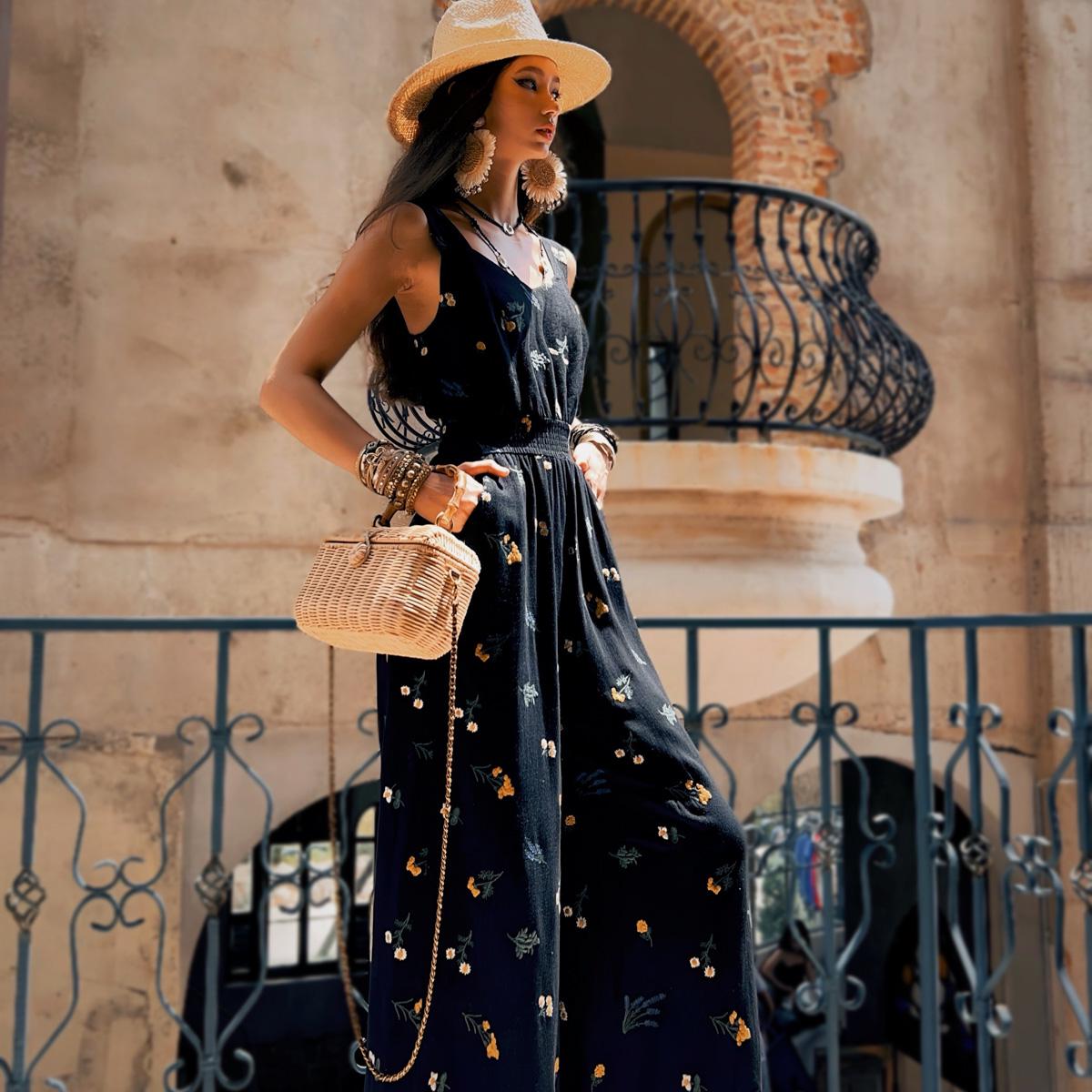 Black Floral Linen-Blend Wide-Leg Jumpsuit