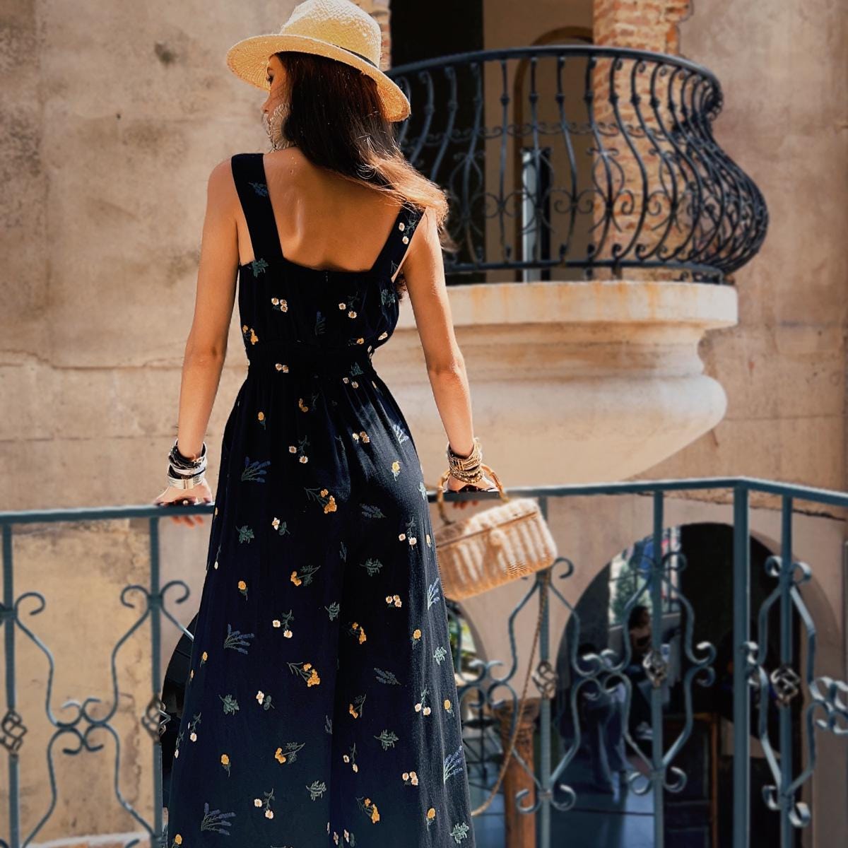 Black Floral Linen-Blend Wide-Leg Jumpsuit