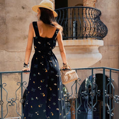 Black Floral Linen-Blend Wide-Leg Jumpsuit