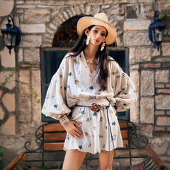 Boho Linen Summer Dress | Flowy Floral Mini Dress | Kimono Sleeves & Belted Fit