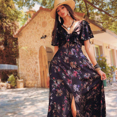 Boho Maxi Dress Black Floral – Modest Ruched Waist Summer Boho Dress, Exotic Floral Print, Tiered Skirt Midi, Beach Day Womens Clothing