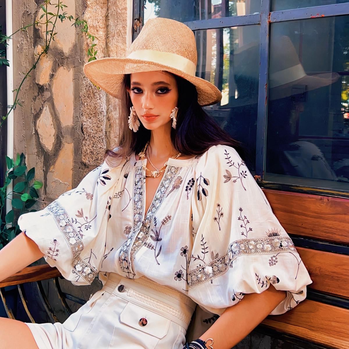 Vintage-Inspired Floral Embroidered Linen-Blend Boho Blouse with Balloon Sleeves