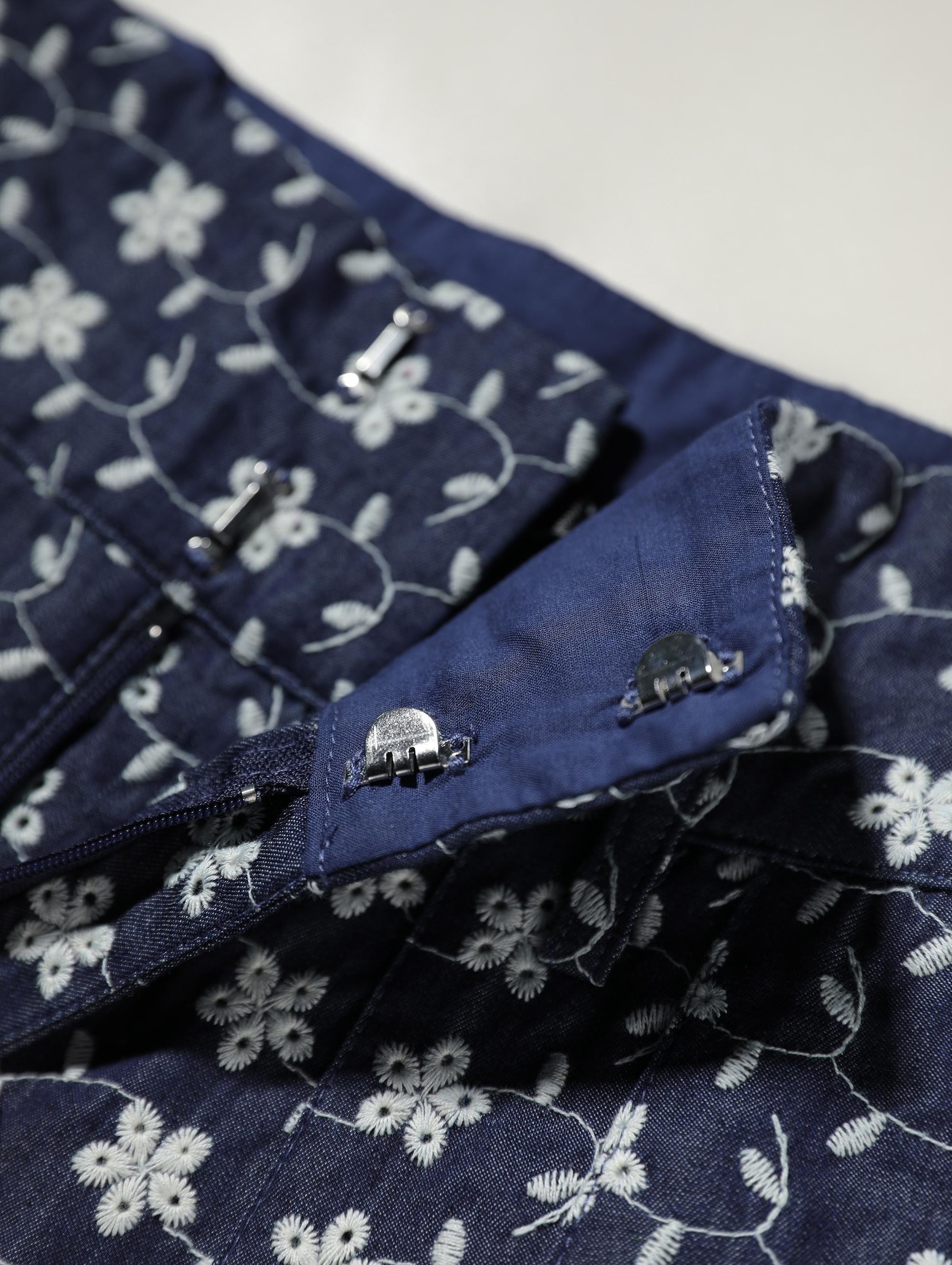 Navy Blue Linen-Blend Floral High-Waist Shorts for Women, Boho Summer Style