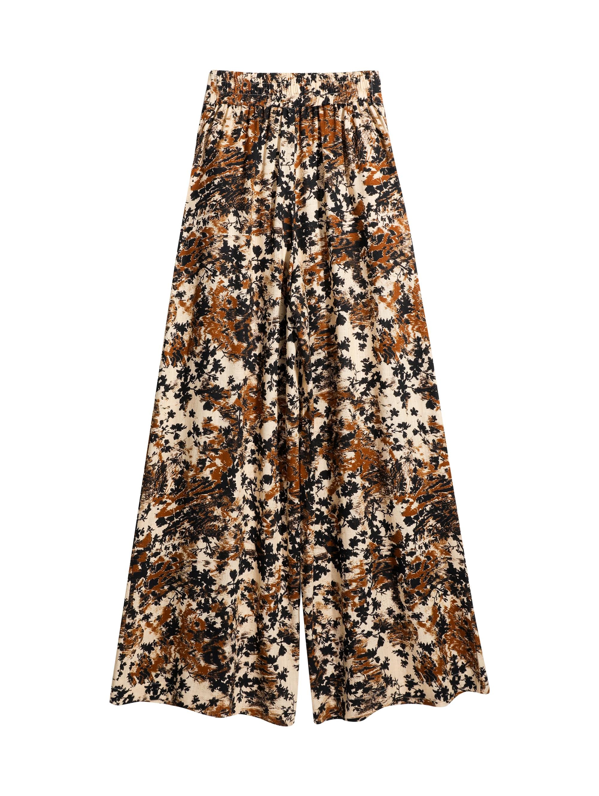 Linen-Blend Boho Floral Wide-Leg Pants in Earth Tones – Effortless Summer Style