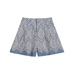 Blue Embroidered Linen-Blend Summer Shorts for Women, Boho High-Waisted Casual Bottoms