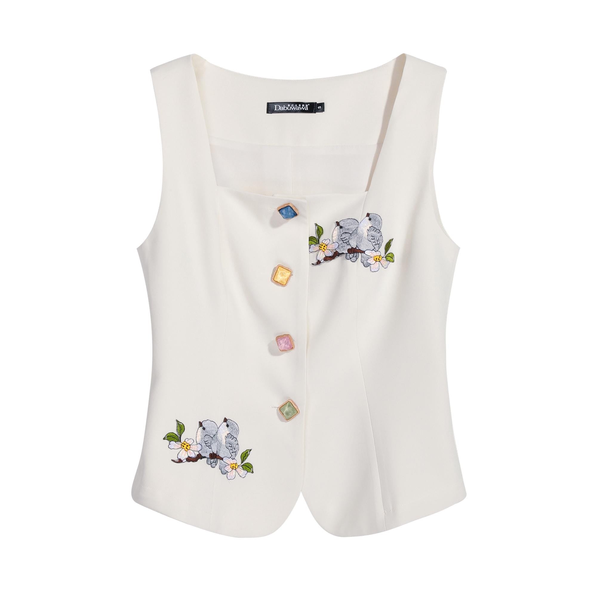 Linen-Blend White Embroidered Button-Up Vest Top for Chic Summer Style