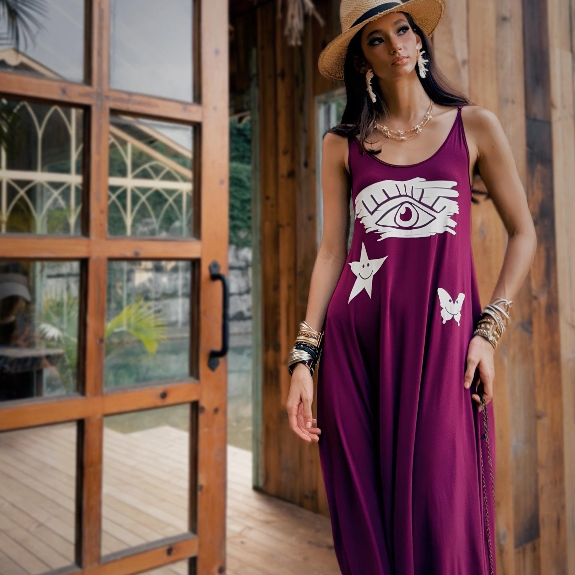 Linen-Blend Purple Graphic Maxi Dress with Spaghetti Straps for Effortless Boho Vibes
