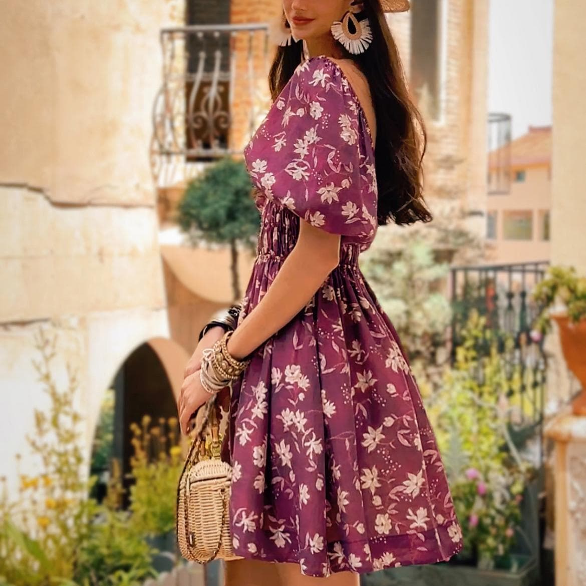 Women's Purple Floral Puff-Sleeve Linen Blend Dress (Summer Midi) Dabuwawa Women's Purple Floral Puff-Sleeve Linen Blend Dress (Summer Midi) Dabuwawa