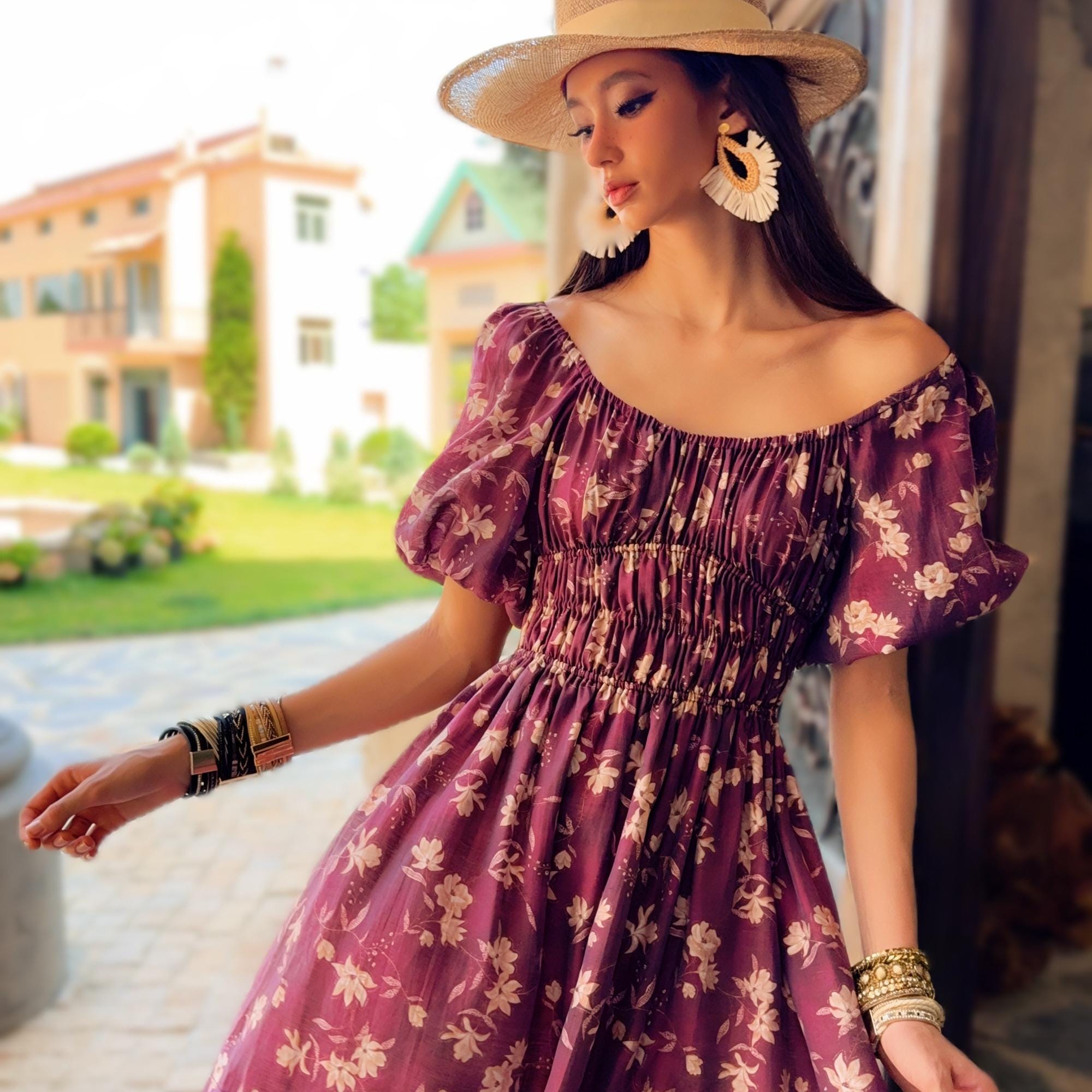 Linen-Blend Purple Floral Puff-Sleeve Dress for Romantic Summer Days