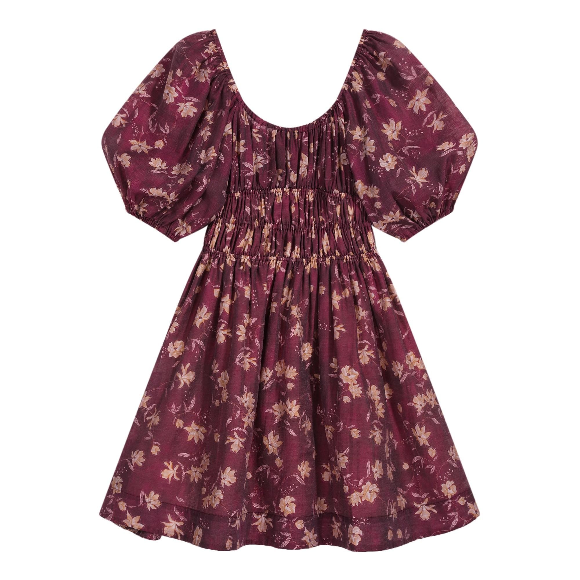 Linen-Blend Purple Floral Puff-Sleeve Dress for Romantic Summer Days