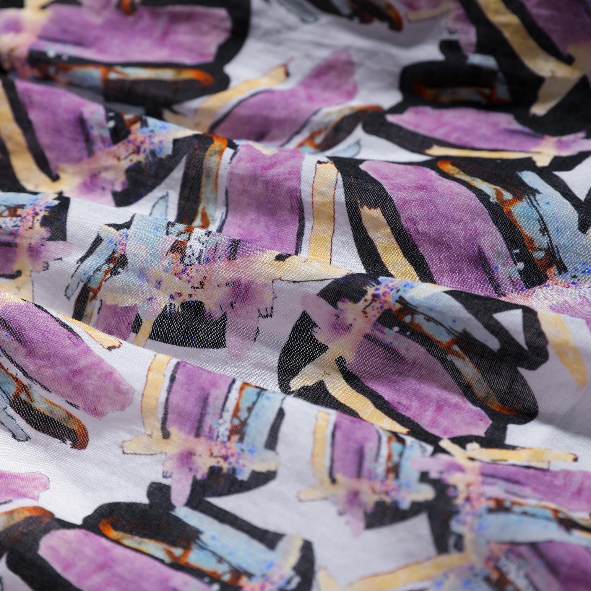 Purple Brushstroke Print Linen-Blend Puff Sleeve Dress with Waist Tie