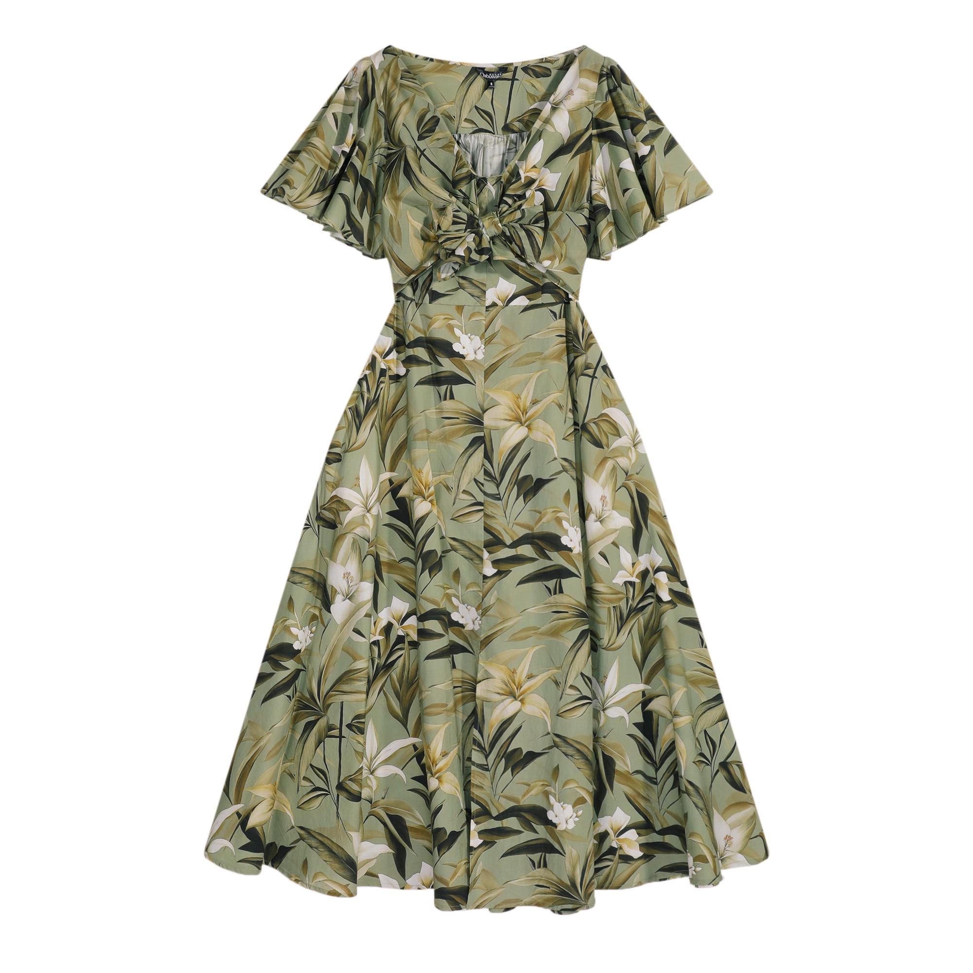 Floral Maxi Dress Green Boho, Natural-Fiber Blend, Flowy Summer Dress, V-Neck, Vintage Style, Garden Party Dress