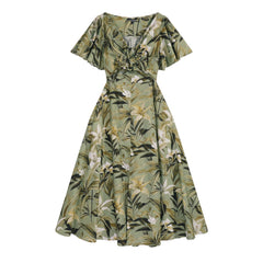 Floral Maxi Dress Green Boho, Natural-Fiber Blend, Flowy Summer Dress, V-Neck, Vintage Style, Garden Party Dress