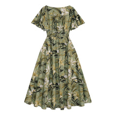 Floral Maxi Dress Green Boho, Natural-Fiber Blend, Flowy Summer Dress, V-Neck, Vintage Style, Garden Party Dress