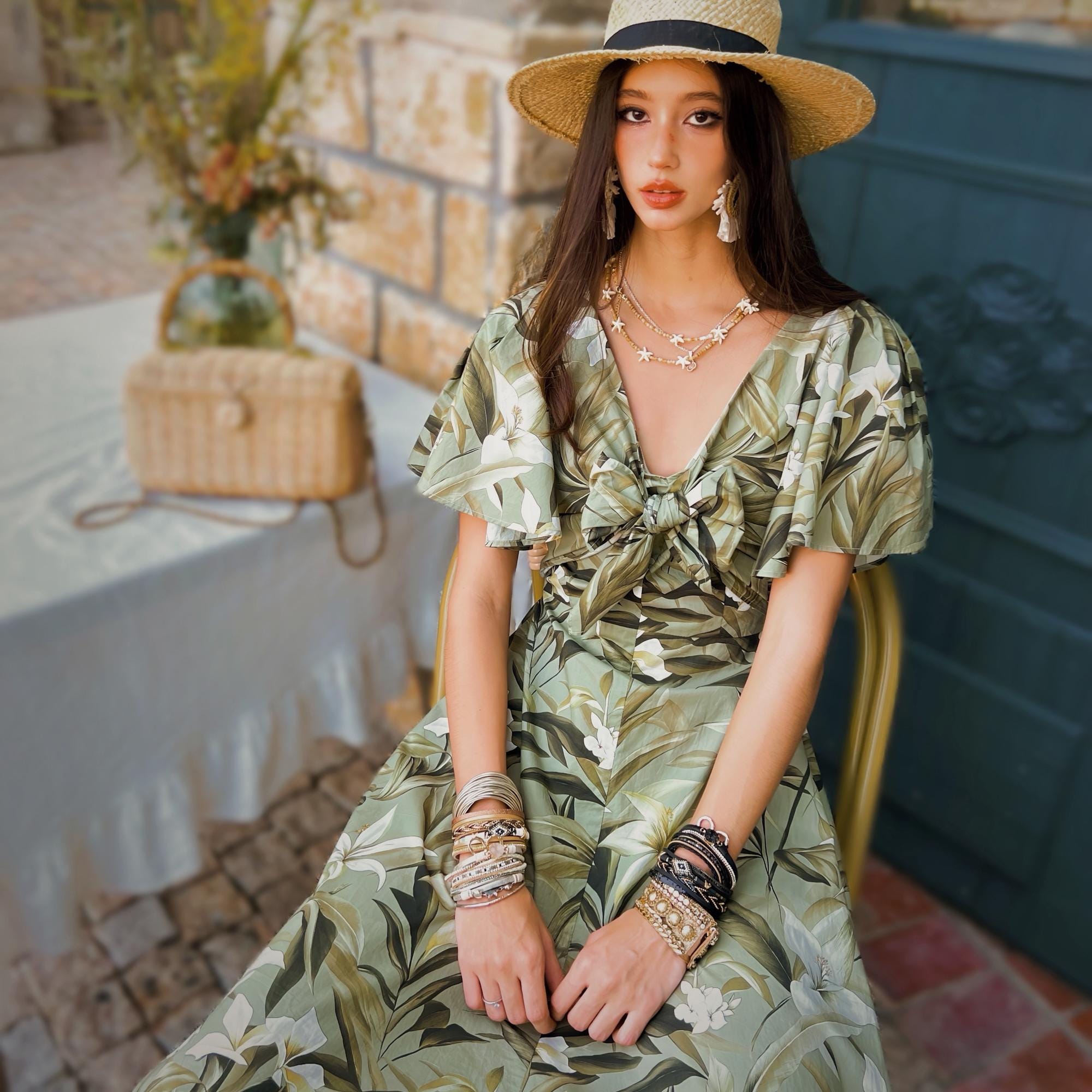 Floral Maxi Dress Green Boho, Natural-Fiber Blend, Flowy Summer Dress, V-Neck, Vintage Style, Garden Party Dress