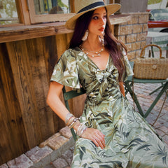 Floral Maxi Dress Green Boho, Natural-Fiber Blend, Flowy Summer Dress, V-Neck, Vintage Style, Garden Party Dress