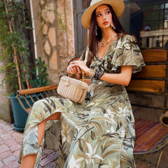 Floral Maxi Dress Green Boho, Natural-Fiber Blend, Flowy Summer Dress, V-Neck, Vintage Style, Garden Party Dress