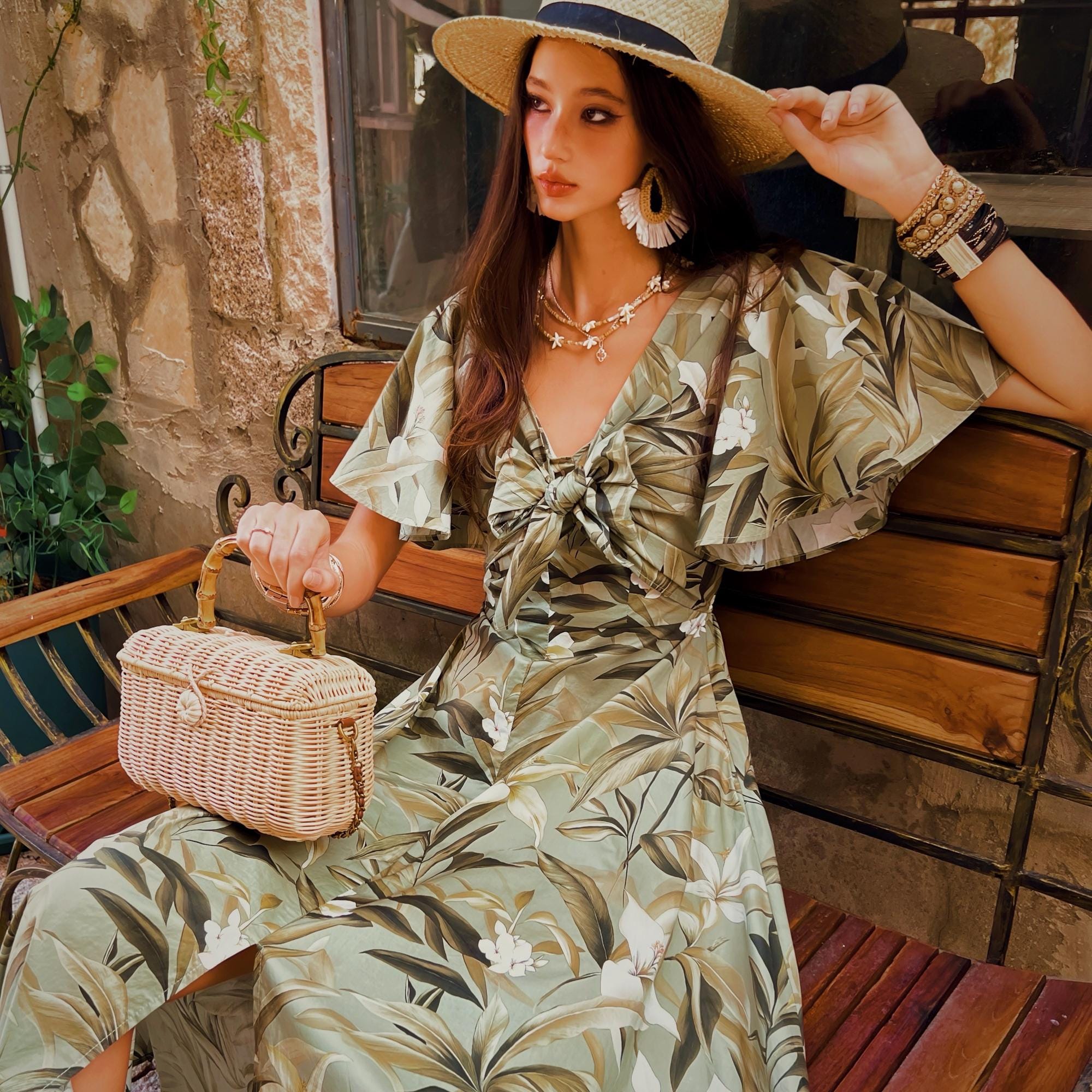 Floral Maxi Dress Green Boho, Natural-Fiber Blend, Flowy Summer Dress, V-Neck, Vintage Style, Garden Party Dress