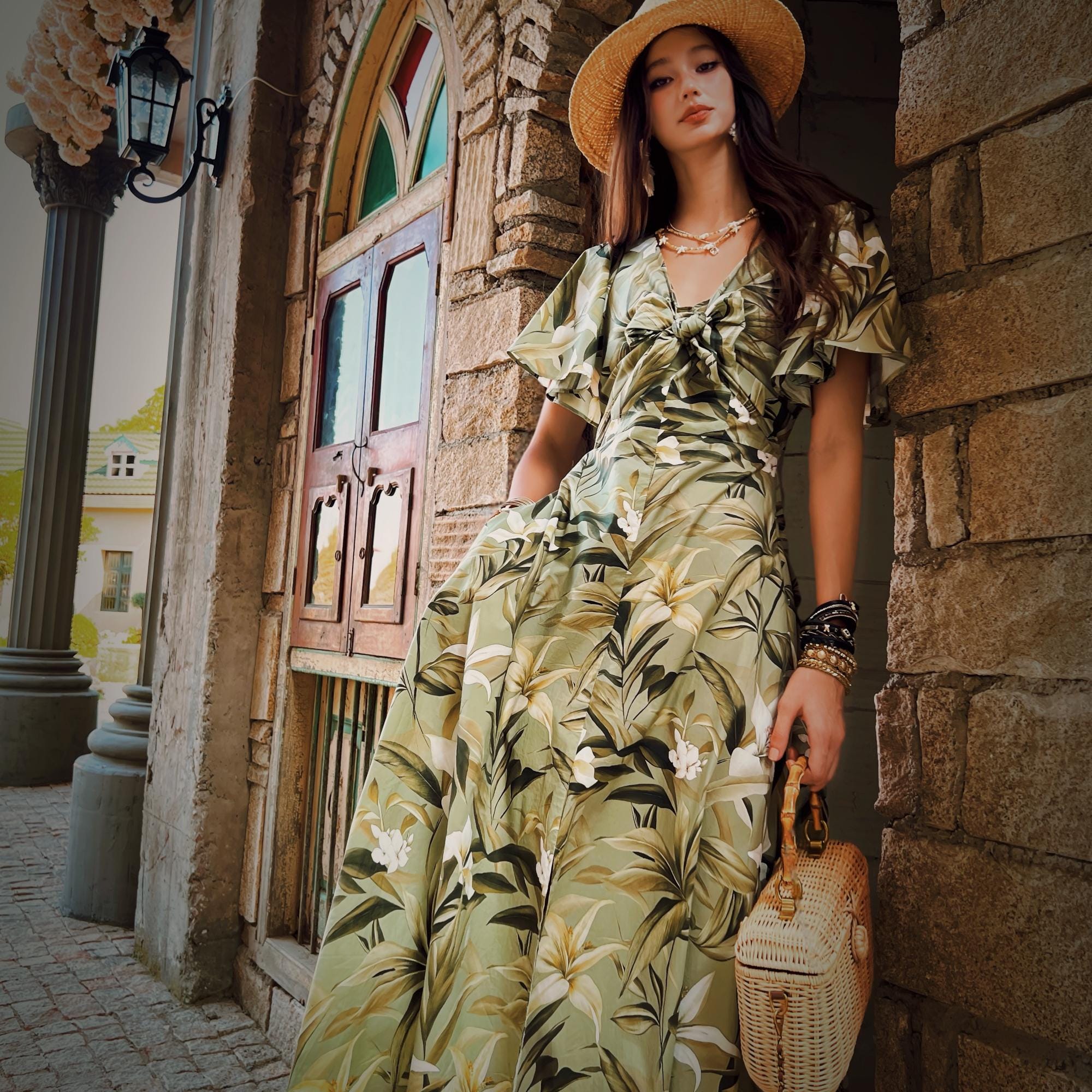Floral Maxi Dress Green Boho, Natural-Fiber Blend, Flowy Summer Dress, V-Neck, Vintage Style, Garden Party Dress