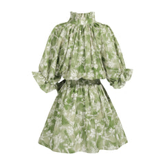 Green Floral Mini Dress Boho, Natural-Fiber Blend, Ruffle Neck, Puff Sleeve, Belted Summer Dress