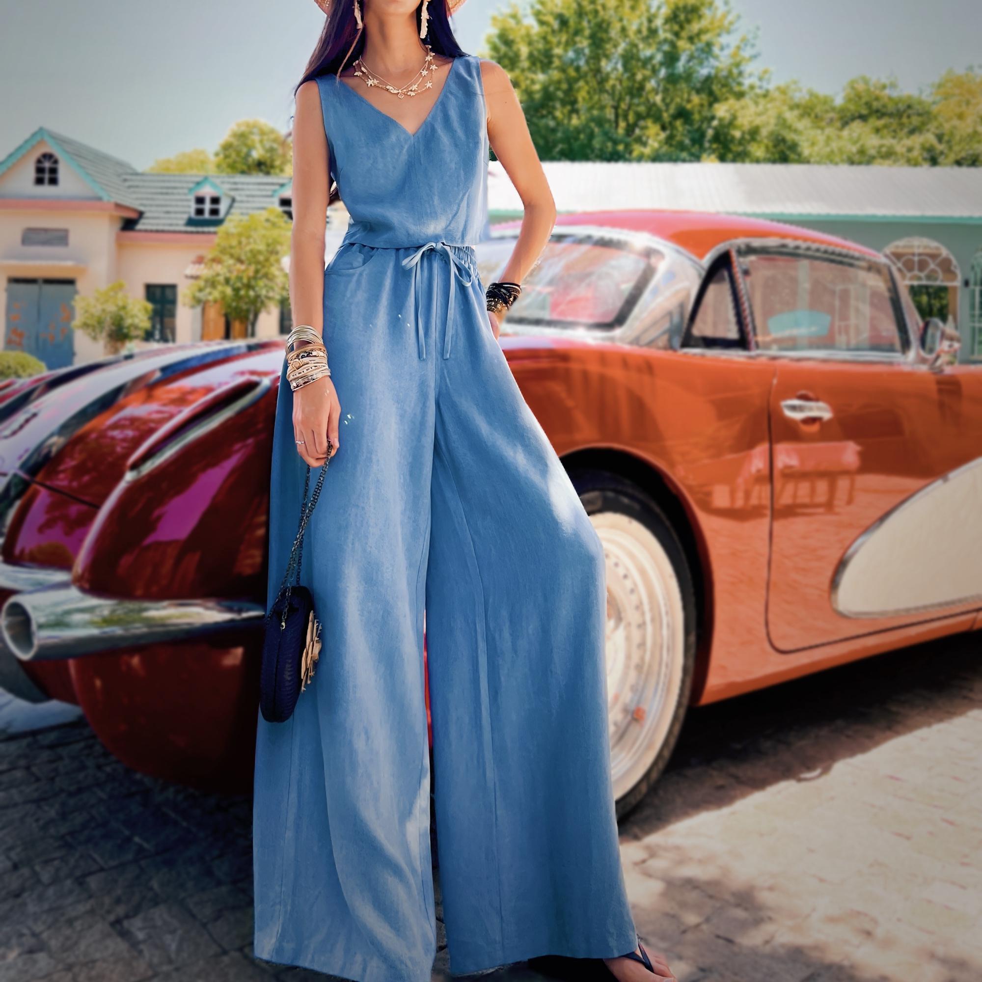 Wide Leg Palazzo Pants Blue, Natural-Fiber Blend, High Waist, Boho Summer Trousers, Lightweight Lounge Pants