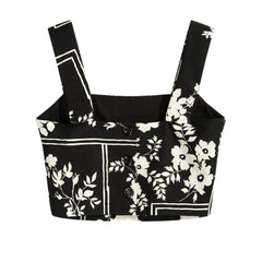 Black Floral Tank Top - Cropped Vintage 90s Blouse With Square Neckline & Wide Straps