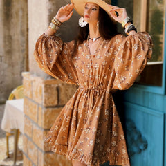 Vintage inspired puff sleeve boho summer dress caramel floral mini